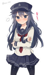 Rule 34 | &gt;:t, 1girl, :t, akatsuki (kancolle), anchor symbol, bad id, bad tumblr id, black hat, blue eyes, blue hair, blue hat, blue sailor collar, blue skirt, blush, closed mouth, commentary request, crossed arms, flat cap, hat, highres, ikeuchi tanuma, kantai collection, legs apart, long hair, long sleeves, looking at viewer, necktie, pantyhose, pleated skirt, pout, purple pantyhose, red necktie, sailor collar, school uniform, serafuku, shirt, simple background, skirt, solo, standing, twitter username, v-shaped eyebrows, wavy mouth, white background, white shirt