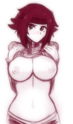 Rule 34 | 1girl, bandana, blush, breasts, clothes lift, code geass, eye contact, flashing, headband, highres, kouzuki kallen, large breasts, looking at another, looking at viewer, monochrome background, navel, nipples, no bra, partially undressed, red hair, shirt lift, short hair, simple background, solo, tridis, tridisart