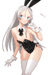 Rule 34 | 1girl, alternate costume, animal ears, black neckerchief, blue eyes, breasts, detached collar, feet out of frame, forehead, gloves, grey hair, highres, javelin (kancolle), kantai collection, leaning forward, leotard, long hair, looking at viewer, loose hair strand, neckerchief, one-hour drawing challenge, playboy bunny, rabbit ears, rabbit tail, simple background, small breasts, solo, tail, tetsukuzu (yajirushi shita), thighhighs, twitter username, white background, white gloves, white thighhighs, wrist cuffs