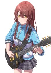 Rule 34 | 1girl, :o, absurdres, blush, bocchi the rock!, brown hair, electric guitar, gibson les paul, guitar, hair between eyes, highres, holding, holding plectrum, idolmaster, idolmaster shiny colors, instrument, jacket, long hair, looking at viewer, osaki tenka, plaid, plaid skirt, pleated skirt, plectrum, simoumi 217, simple background, skirt, solo, straight hair, track jacket, very long hair, white background, yellow eyes