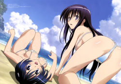 Rule 34 | 2girls, :d, :o, absurdres, all fours, ass, beach, bikini, black hair, blue eyes, blue hair, blush, breasts, breasts apart, cleavage, cloud, day, detexted, downblouse, dutch angle, from behind, gem, gotou junji, groin, hair between eyes, hair ornament, hair over shoulder, hanging breasts, highres, kenzen robo daimidaler, kiyuna kiriko, knees up, large breasts, legs, legs together, long hair, looking at viewer, looking back, lying, multiple girls, ocean, official art, on back, on ground, open mouth, outdoors, pearl (gemstone), purple eyes, rock, scan, shadow, shell, shell bikini, shiny skin, short hair, sideboob, sky, smile, sonan kyouko, strap gap, swimsuit, thigh gap, third-party edit, upside-down, very long hair, water, white bikini