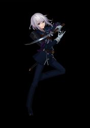 Rule 34 | 10s, 1boy, armor, double-breasted, full body, gloves, highres, honebami toushirou, japanese armor, looking at viewer, male focus, military, military uniform, necktie, official art, pants, purple eyes, sheath, shoes, short hair, shoulder armor, silver hair, sode, solo, sword, tndkworks, touken ranbu, transparent background, uniform, wakizashi, weapon