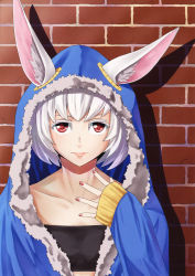 Rule 34 | 1girl, absurdres, animal ears, belt bra, closed mouth, ears through headwear, fingernails, fur trim, hand up, highres, hood, hood up, jaco, looking at viewer, nail polish, original, rabbit ears, red eyes, red nails, short hair, sleeves past wrists, solo, upper body, white hair