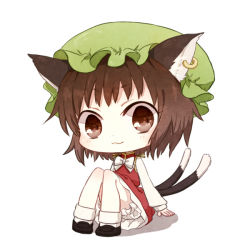 Rule 34 | 1girl, :3, animal ears, bad id, bad nicoseiga id, brown eyes, brown hair, cat ears, cat tail, chen, chibi, dress, earrings, hat, honotai, jewelry, looking at viewer, shadow, short hair, simple background, sitting, smile, solo, tail, touhou, white background
