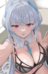 Rule 34 | 1girl, absurdres, bikini, black bikini, blue archive, blue necktie, breasts, detached collar, dubeaduver, grey hair, halo, headphones, highres, large breasts, long hair, looking at viewer, necktie, noa (blue archive), purple eyes, selfie, sidelocks, solo, swimsuit, tongue, tongue out, v, very long hair