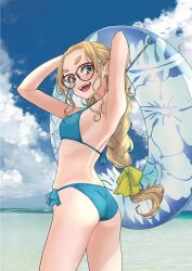 Rule 34 | 1girl, arms up, ass, bikini, blonde hair, blue bikini, blue eyes, blue sky, breasts, cloud, cowboy shot, day, dekomegane, glasses, holding, innertube, long braid, looking at viewer, open mouth, original, outdoors, sasetsu, sky, small breasts, smile, solo, swim ring, swimsuit, thick eyebrows, water