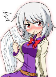 Rule 34 | 1girl, ^^^, bad id, bad pixiv id, blush, breasts, dress, eating, food, food on face, jacket, kishin sagume, large breasts, long sleeves, looking at viewer, pocky, pout, purple dress, red eyes, short hair, simple background, single wing, solo, sumiya nadateru, surprised, touhou, white background, white hair, wings