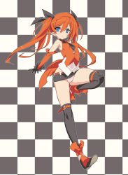 Rule 34 | 1girl, bad id, bad pixiv id, bare shoulders, black gloves, black thighhighs, blade (galaxist), blue eyes, checkered background, detached sleeves, gloves, long hair, looking at viewer, miniskirt, necktie, orange hair, original, over-kneehighs, panties, pantyshot, parted lips, pointy ears, skirt, solo, thighhighs, twintails, underwear, upskirt, white panties