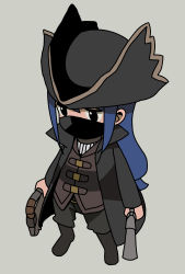 Rule 34 | 1girl, aoyama kotoha (mitsuboshi colors), black coat, black eyes, black hat, black pants, bloodborne, blue hair, boots, brown footwear, brown vest, chibi, coat, commentary request, cosplay, dual wielding, full body, grey background, hat, highres, holding, holding weapon, hunter (bloodborne), hunter (bloodborne) (cosplay), katsuwo (cr66g), long hair, mask, mitsuboshi colors, mouth mask, open clothes, open coat, pants, simple background, solo, standing, tricorne, vest, weapon