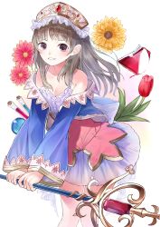 Rule 34 | 1girl, atelier (series), atelier totori, bad id, bad pixiv id, bare shoulders, blue jacket, blush, brown eyes, brown hair, collarbone, commentary request, dress, erlenmeyer flask, flask, flower, highres, holding, holding wand, jacket, long hair, long sleeves, looking at viewer, off shoulder, outstretched arms, parted lips, red flower, shii (kairi-t-k0317), sleeveless, sleeveless dress, smile, solo, standing, totooria helmold, tulip, vial, wand, white dress, wide sleeves, yellow flower