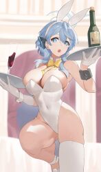 Rule 34 | 1girl, absurdres, ako (blue archive), alcohol, alternate costume, animal ears, ao tsukushi, blue archive, blue eyes, blue hair, blue halo, bow, bowtie, breasts, cameltoe, champagne, champagne flute, cleavage, commentary request, cup, drinking glass, halo, highres, large breasts, leotard, playboy bunny, rabbit ears, short hair, solo, white leotard, wine, wine glass, yellow bow, yellow bowtie