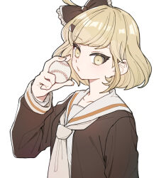 Rule 34 | 1girl, ball, baseball, black bow, blonde hair, bow, breasts, brown shirt, character request, cheeseko, collarbone, danganronpa (series), frilled bow, frills, grey background, hair bow, hair ornament, hand up, holding, holding ball, long sleeves, necktie, sailor collar, shirt, short hair, simple background, small breasts, solo, white necktie, white sailor collar, yellow eyes