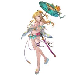 Rule 34 | 1girl, bikini, blonde hair, blue eyes, closed mouth, flower, granblue fantasy, hair flower, hair ornament, hair scrunchie, holding, holding umbrella, looking at viewer, mirin (granblue fantasy), navel, official art, scrunchie, simple background, smile, solo, swimsuit, sword, thigh strap, toeless footwear, transparent background, umbrella, weapon