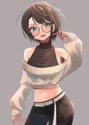 Rule 34 | 1girl, absurdres, alternate costume, belt, bespectacled, black-framed eyewear, black hair, black pants, black shirt, blue eyes, blush, breasts, casual, commentary, contrapposto, cowboy shot, crop top, cropped shirt, cropped sweater, earrings, glasses, grey background, grey sweater, hand in own hair, highres, hololive, jewelry, looking to the side, medium breasts, midriff, navel, off-shoulder sweater, off shoulder, oozora subaru, open mouth, pants, ribbed shirt, round eyewear, shirt, short hair, simple background, sl10 d, sleeveless, sleeveless shirt, smile, solo, standing, sweater, swept bangs, turtleneck, v-shaped eyebrows, virtual youtuber, white belt
