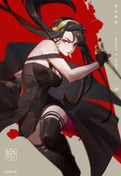 Rule 34 | 1girl, absurdres, bare arms, beishang yutou, black dress, black gloves, black hair, black thighhighs, dress, earrings, fingerless gloves, floating hair, flower, gloves, hair flower, hair ornament, hairband, highres, holding, holding weapon, jewelry, long hair, looking at viewer, red eyes, red lips, short dress, sleeveless, sleeveless dress, solo, spy x family, thighhighs, twintails, very long hair, waist cape, weapon, yellow flower, yellow hairband, yor briar, zettai ryouiki