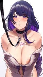 Rule 34 | 1girl, absurdres, areola slip, bare shoulders, blush, chest tattoo, closed mouth, unworn clothes, collar, collarbone, commentary, cozyu, english commentary, eyeliner, genshin impact, highres, leash, long hair, makeup, no bra, purple eyes, purple hair, raiden shogun, simple background, solo, tattoo, viewer holding leash, white background