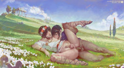 Rule 34 | 2boys, ancient greek clothes, cum, ejaculation, greco-roman clothes, legs apart, multiple boys, sabu (sabudenego), sucking male nipple, taavi, yaoi