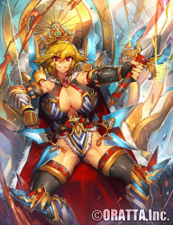 Rule 34 | &gt;:), 1girl, armor, bare shoulders, black panties, black thighhighs, blonde hair, breasts, cape, chloris garden, cleavage, crown, detached sleeves, fur trim, gluteal fold, greaves, grin, holding, holding sword, holding weapon, large breasts, looking at viewer, melon22, official art, original, panties, pantyshot, red eyes, sitting, smile, solo, spread legs, sword, thighhighs, underwear, v-shaped eyebrows, vambraces, weapon