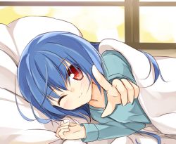 Rule 34 | 1girl, blanket, blue hair, hinanawi tenshi, long hair, long sleeves, lying, on bed, on side, one eye closed, pajamas, pillow, pointing, pointing at viewer, pov across bed, red eyes, smile, solo, touhou, under covers, very long hair, yuuhagi (amaretto-no-natsu)