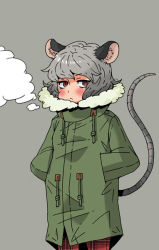 Rule 34 | 1girl, animal ears, blush, casual, coat, contemporary, female focus, grey hair, hands in pockets, mouse ears, mouse tail, nazrin, red eyes, sixxxx, solo, tail, touhou, winter clothes