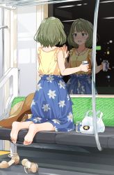 Rule 34 | 1girl, bag, barefoot, beer can, blue skirt, blush, bob cut, can, commentary request, drink can, drunk, floral print, frilled sleeves, frills, from behind, gomennasai, green hair, grocery bag, handbag, hat, highres, idolmaster, idolmaster cinderella girls, jewelry, kneeling, long skirt, looking afar, looking outside, medium hair, necklace, night, nose blush, pinky out, plastic bag, reflection, shirt, shirt tucked in, shoes, shopping bag, skirt, sleeveless, sleeveless shirt, smile, soles, solo, straw hat, takagaki kaede, toes, train interior, unworn hat, unworn headwear, unworn shoes, window, yellow shirt