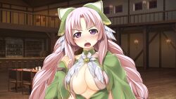 Rule 34 | 1girl, atelier-moo, blush, braid, breasts, cleavage, curtained hair, dress, drunk, highres, large breasts, long hair, long sleeves, looking at viewer, narrow waist, night, nina lazydaisy, open mouth, pink eyes, pink hair, ribbon, smile, solo, standing, tavern, twin braids, upper body, v-shaped eyebrows, very long hair, wizards symphony