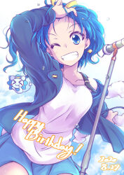 Rule 34 | 1girl, black jacket, blue eyes, blue hair, blue skirt, blue sky, casual, cloud, cloudy sky, cowboy shot, crown earrings, dated, day, english text, grin, hair ribbon, hand in own hair, happy birthday, highres, jacket, kirakira precure a la mode, lion, looking at viewer, medium hair, microphone stand, miniskirt, muusu, off shoulder, one eye closed, outdoors, precure, ribbon, skirt, sky, smile, solo, standing, tank top, tategami aoi, white tank top, yellow ribbon