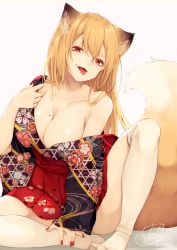 Rule 34 | 1girl, animal ear fluff, animal ears, blonde hair, breasts, chita (ketchup), cleavage, collarbone, commentary request, floral print, fox ears, fox girl, fox tail, hair between eyes, hakama, hakama short skirt, hakama skirt, highres, japanese clothes, large breasts, long hair, long sleeves, looking at viewer, mole, mole on breast, nail polish, no shoes, off shoulder, open mouth, original, red eyes, red hakama, red nails, short eyebrows, signature, sitting, skirt, sleeves past wrists, solo, tail, thick eyebrows, thighhighs, tongue, tongue out, very long hair, white thighhighs, wide sleeves
