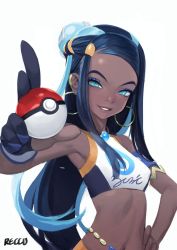 Rule 34 | 1girl, armlet, bad id, bad pixiv id, belly chain, black hair, blue eyes, blue hair, breasts, commentary request, creatures (company), dark-skinned female, dark skin, earrings, eyelashes, eyeshadow, game freak, gloves, gym leader, hair bun, hand on own hip, hand up, highres, holding, holding poke ball, hoop earrings, jewelry, long hair, looking at viewer, makeup, multicolored hair, navel, necklace, nessa (pokemon), nintendo, parted lips, poke ball, poke ball (basic), pokemon, pokemon swsh, reccu, simple background, single glove, single hair bun, solo, teeth, two-tone hair, upper body, white background