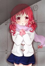 Rule 34 | 1girl, ?, against wall, blue skirt, blush, coat, commentary request, cowboy shot, gloves, gochuumon wa usagi desu ka?, kyunmofu, long hair, long sleeves, looking at viewer, low twintails, natsu megumi, parted lips, pink gloves, pink scarf, red eyes, red hair, scarf, skirt, solo, spoken question mark, twintails, white coat, winter clothes, winter coat