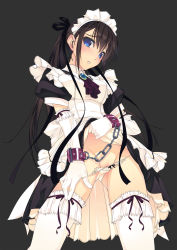 Rule 34 | 1girl, bdsm, black hair, blue eyes, bondage, bound, chain, clothes lift, dress, dress lift, elbow gloves, gloves, highres, maid, maid headdress, murakami suigun, original, panties, panty pull, simple background, solo, tears, thighhighs, underwear, white thighhighs