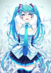 Rule 34 | 1055, 1girl, :d, absurdres, arms behind back, black skirt, black thighhighs, blue eyes, blue hair, blue necktie, cowboy shot, detached sleeves, feathered wings, feathers, floating hair, hair between eyes, hair ornament, hatsune miku, headphones, highres, long hair, microphone, miniskirt, necktie, open mouth, pleated skirt, shirt, skirt, sleeveless, sleeveless shirt, smile, solo, standing, thighhighs, twintails, very long hair, vocaloid, white feathers, white shirt, white wings, wings, zettai ryouiki