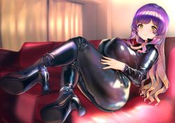 Rule 34 | 1girl, absurdres, ass, biker clothes, bikesuit, black bodysuit, black footwear, blush, bodysuit, boots, breasts, brown hair, closed mouth, commentary request, couch, curtains, fingernails, from behind, gradient hair, high heel boots, high heels, highres, hijiri byakuren, huge filesize, large breasts, leather suit, long hair, looking at viewer, multicolored hair, nail polish, on couch, pink nails, poko (mammypoko), purple hair, sideboob, skin tight, smile, solo, touhou, turbo byakuren, yellow eyes