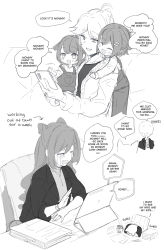 Rule 34 | 4girls, business suit, cellphone, chair, closed eyes, contemporary, crying, dress, english text, formal, genshin impact, greyscale, hair bun, highres, hinagi (fox priest), if they mated, keqing (genshin impact), long hair, monochrome, mother and daughter, multiple girls, ningguang (genshin impact), office chair, office lady, overalls, phone, short hair, suit, swivel chair, wedding dress, wife and wife