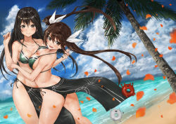 Rule 34 | 2girls, adapted costume, alternate costume, ass, asymmetrical docking, beach, bikini, black eyes, black hair, blue sky, blush, breast press, breasts, brown eyes, brown hair, chikuma (kancolle), closed mouth, collarbone, day, enemy lifebuoy (kancolle), floating hair, green bikini, hair between eyes, hair ribbon, highleg, highleg bikini, highres, hug, kantai collection, large breasts, long hair, looking at viewer, medium breasts, multiple girls, navel, ocean, open mouth, outdoors, palm tree, pelvic curtain, petals, remodel (kantai collection), ribbon, sand, siblings, side-tie bikini bottom, sidelocks, sisters, sky, smile, stomach, swimsuit, thighs, toka (marchlizard), tone (kancolle), tree, twintails, white ribbon, wind, wind lift