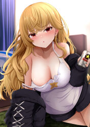 Rule 34 | 1girl, absurdres, arm support, backlighting, bed, beer can, black jacket, black shorts, blonde hair, blush, breasts, can, cleavage, drink can, earrings, highres, holding, holding can, indie virtual youtuber, indoors, jacket, jewelry, kitora (kisekinonameko), large breasts, long hair, long sleeves, looking at viewer, on floor, open clothes, open jacket, parted lips, ranpoko, reclining, red eyes, shorts, solo, strap slip, tank top, v-shaped eyebrows, very long hair, virtual youtuber