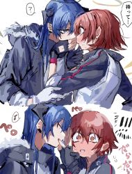 Rule 34 | 2girls, ?, arknights, asymmetrical gloves, black coat, black gloves, blue eyes, blue hair, blue tongue, blush, closed eyes, coat, colored tongue, covering another&#039;s mouth, detached wings, ear piercing, embarrassed, energy wings, exusiai (arknights), eye contact, fingerless gloves, full-face blush, gloves, halo, highres, hood, hood down, hooded coat, horns, jacket, licking, licking hand, long hair, long sleeves, long tongue, looking at another, mismatched gloves, mostima (arknights), multiple girls, musical note, na tarapisu153, nervous sweating, open clothes, open coat, open mouth, piercing, red eyes, red hair, short hair, simple background, speech bubble, spoken musical note, spoken question mark, sweat, tongue, tongue out, translation request, white background, white gloves, white jacket, wide-eyed, wings, yuri