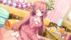 Rule 34 | 2girls, bandou mikuru, barefoot, bow, breasts, buttons, collarbone, couch, cup, cupcake, curtains, dot nose, drinking glass, dutch angle, film grain, finger to mouth, floral print, food, game cg, glass plate, grey bow, haeno akari, hair bow, icing, indoors, izumi tsubasu, jar, juice, large breasts, long hair, lying, multiple girls, non-web source, official art, on couch, on floor, on stomach, one eye closed, orange hair, orange juice, pillow, plaid, plaid bow, plaid pajamas, plant, pocky, popcorn, potted plant, purple eyes, re:stage!, rug, sitting, smile, solo focus, sparkle, striped pillow, trash can, very long hair, wariza, wooden floor