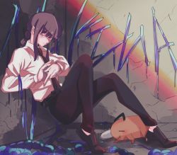 Rule 34 | 1girl, animal, bad id, bad pixiv id, black necktie, black pants, braid, braided ponytail, breasts, business suit, chainsaw man, collared shirt, formal, full body, long sleeves, looking at viewer, makima (chainsaw man), medium breasts, medium hair, necktie, neckwear request, pants, pochita (chainsaw man), ringed eyes, shirt, shirt tucked in, shoes, sleeping, solo, suit, vrge4433, yellow eyes