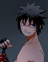 Rule 34 | 1boy, artist request, black hair, blue eyes, elbow gloves, face, facial mark, fingerless gloves, gloves, male focus, menma (naruto), naruto: road to ninja, naruto (series), naruto shippuuden, ninja, simple background, smile, solo, spiked hair, whisker markings, whiskers