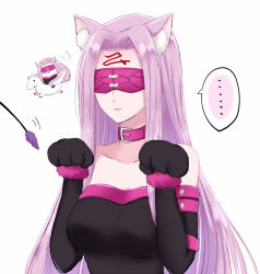 Rule 34 | ..., 1girl, animal ear fluff, animal ears, animal hands, black gloves, breasts, cat ears, cleavage, closed mouth, collar, collarbone, elbow gloves, facial mark, fate/stay night, fate (series), fur-trimmed gloves, fur trim, gloves, hair intakes, large breasts, long hair, mask, medusa (fate), medusa (rider) (fate), paw gloves, pink hair, simple background, solo, speech bubble, straight hair, strapless, sui (camellia), upper body, very long hair, white background