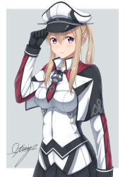 Rule 34 | 10s, 1girl, absurdres, adjusting clothes, adjusting headwear, black gloves, blonde hair, blush, capelet, celtic knot, cross, gloves, graf zeppelin (kancolle), grey background, hair between eyes, hat, highres, iron cross, jacket, kantai collection, lips, long sleeves, military, military hat, military uniform, miniskirt, necktie, ochiai miyabi, peaked cap, purple eyes, sidelocks, signature, skirt, solo, twintails, two-tone background, uniform, white background
