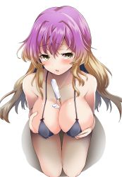 Rule 34 | 1girl, absurdres, between breasts, bikini, black bikini, breast hold, breasts, brown eyes, brown hair, covered erect nipples, food, food on body, food on breasts, full body, gradient hair, highres, hijiri byakuren, kamunika, large breasts, long hair, looking at viewer, multicolored hair, open mouth, popsicle, purple hair, sexually suggestive, simple background, simulated paizuri, sitting, solo, swimsuit, touhou, white background