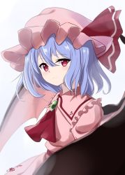 Rule 34 | 1girl, ascot, bat wings, blue hair, closed mouth, hat, hat ribbon, hoshikage syo, looking at viewer, mob cap, pink hat, pink shirt, red ascot, red eyes, red ribbon, remilia scarlet, ribbon, shirt, short hair, signature, simple background, solo, touhou, upper body, white background, wings