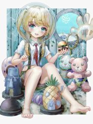 Rule 34 | 1girl, balloon, barefoot, blonde hair, blue eyes, blush, border, burger, buxue luo li tang, chinese commentary, commentary request, dated, fingernails, fishbowl helmet, food, full body, gary (spongebob squarepants), green pants, highres, holding, holding food, humanization, indoors, long hair, looking at viewer, nail polish, necktie, open mouth, outside border, pants, patrick star, pink nails, ponytail, red necktie, shirt, shoes, short sleeves, shorts, sidelocks, signature, sitting, smile, solo, spongebob squarepants, spongebob squarepants (series), squidward tentacles, stuffed animal, stuffed toy, suspender shorts, suspenders, swept bangs, teddy bear, toenail polish, toenails, underwater, white border, white shirt
