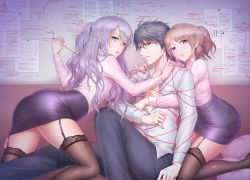 Rule 34 | 1boy, 2girls, aqua eyes, ass, black hair, black pants, black shirt, blouse, blue eyes, breasts, brown hair, brown legwear, buttons, collared shirt, commentary request, couch, dress shirt, earrings, garter straps, glasses, grey hair, hair between eyes, half updo, hand up, himuro ayame, indoors, jewelry, kanade kotonoha, lace, lace-trimmed legwear, lace trim, large breasts, leaning forward, long hair, long sleeves, looking at viewer, looking back, multiple girls, nail polish, no shoes, open clothes, open mouth, pants, partially unbuttoned, pencil skirt, ponytail, red nails, rikei ga koi ni ochita no de shoumei shitemita, shirt, shirt tucked in, short hair, skirt, straddling, string, string of fate, swept bangs, thick thighs, thighhighs, thighs, white shirt, wrapped up, yamamoto arifred, yellow eyes, yukimura shinya