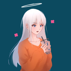 Rule 34 | 1girl, alternate costume, blue eyes, blue nails, bubble tea, collarbone, cup, disposable cup, drinking straw, earrings, hands up, highres, holding, holding cup, jewelry, long hair, long sleeves, nail polish, open mouth, orange sweater, original, shimmer, simple background, solo, sweater, teeth, upper body, upper teeth only, white hair