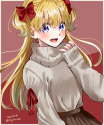 Rule 34 | 1girl, 33primrose, alternate costume, blonde hair, blue eyes, bow, brown skirt, dated, emilico (shadows house), grey sweater, hair bow, hand up, long hair, long sleeves, looking at viewer, open mouth, outside border, pinky out, red background, red bow, red ribbon, ribbon, shadows house, skirt, sleeves past wrists, smile, solo, sweater, turtleneck, turtleneck sweater, twitter username, two side up