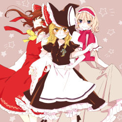 Rule 34 | 3girls, adapted costume, alice margatroid, apron, blonde hair, bloomers, blue eyes, blush, bow, brown eyes, brown hair, capelet, detached sleeves, dress, frills, hair bow, hair ornament, hair ribbon, hair tubes, hairband, hakurei reimu, hat, hat ribbon, highres, holding another&#039;s arm, holding own arm, japanese clothes, kirisame marisa, lolita hairband, long hair, long sleeves, looking at another, looking at viewer, miko, multiple girls, ponytail, ribbon, short sleeves, simple background, smile, star (symbol), sweatdrop, touhou, traditional clothes, underwear, witch hat, yellow eyes, yonu (yonurime)