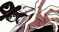 Rule 34 | 1other, androgynous, atoymk, black eyes, black hair, clenched hand, coat, detached sleeves, enraku tsubakura, hat, highres, imminent punch, incoming attack, incoming punch, large hat, len&#039;en, punching, short hair, sleeveless, sleeveless coat, solo, top hat, white sleeves, wide sleeves